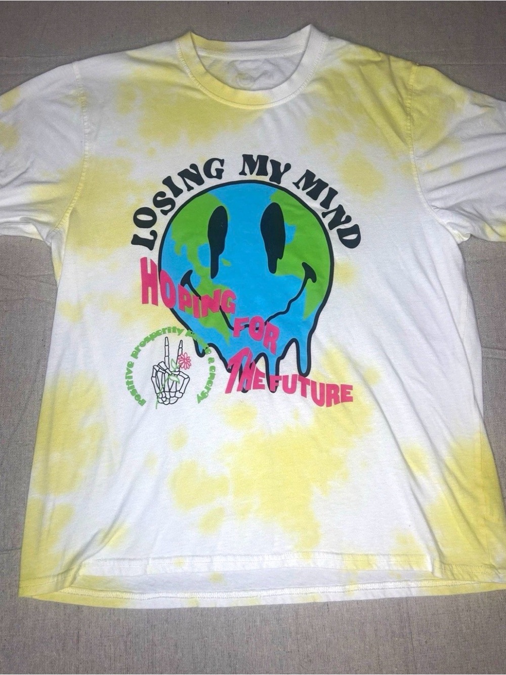 Neff Men’s L White/Yellow Tie Dye Losing My Mind Graphic Crew Neck Tee Double